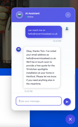 AI Chatbot Interface showing live chat, automatic booking, and lead notifications